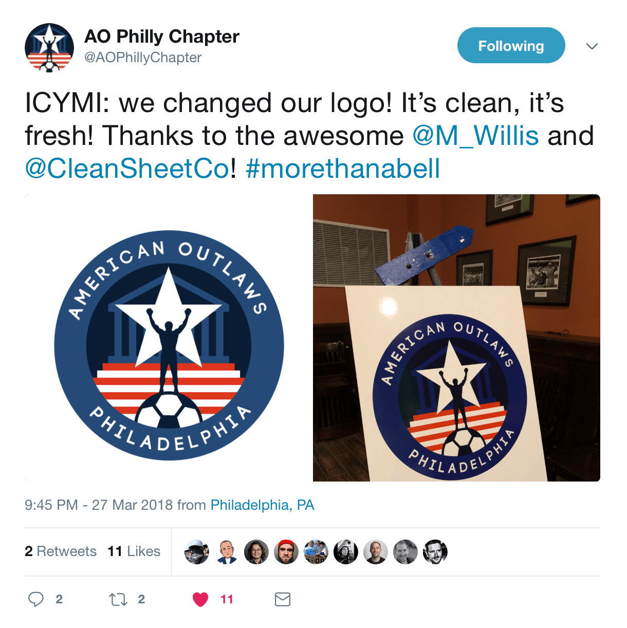 screen shot of AO Philly' scarves with the new logo's tweet about the new identity