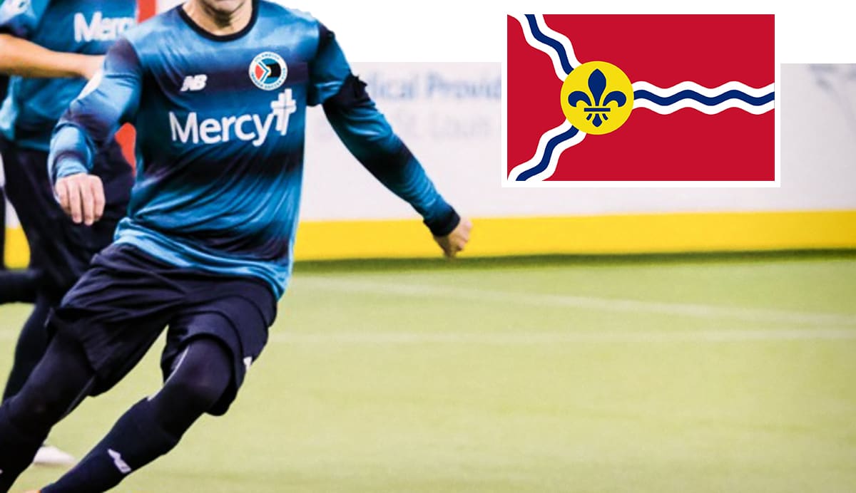mockup of St. Louis Ambush jerseys with updated brand mark, with flag of St. Louis inset